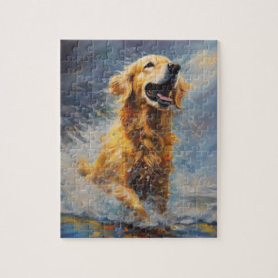 Happy Golden Retriever im Wasser Puzzle