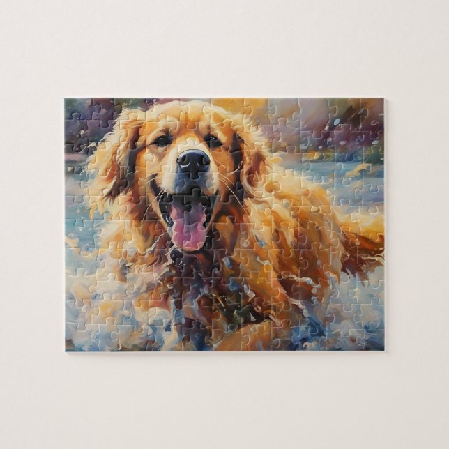 Happy Golden Retriever im Wasser Puzzle (Horizontal)