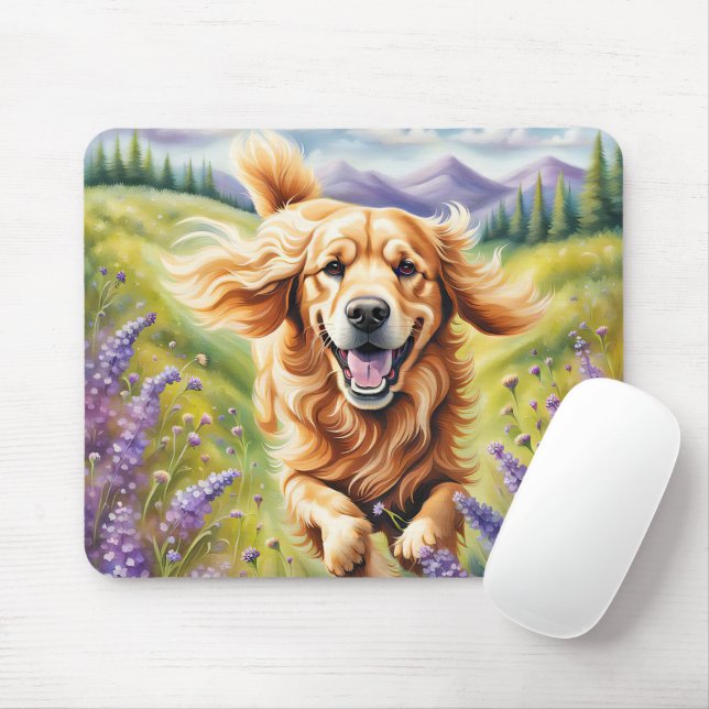 Happy Golden Retriever in Lavender Field Mousepad (Mit Mouse)