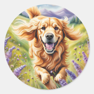 Happy Golden Retriever in Lavender Field Runder Aufkleber