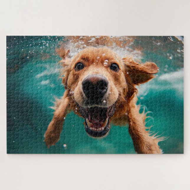 Happy Golden Retriever Schwimmen unter Wasser Puzzle (Horizontal)