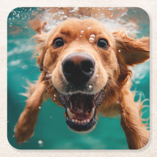 Happy Golden Retriever Schwimmen unter Wasser Rechteckiger Pappuntersetzer