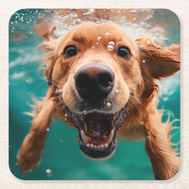 Happy Golden Retriever Schwimmen unter Wasser Rechteckiger Pappuntersetzer (Vorderseite)