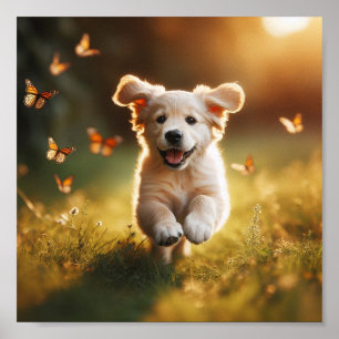 Happy Golden Retriever Welpe Morgenlicht Poster