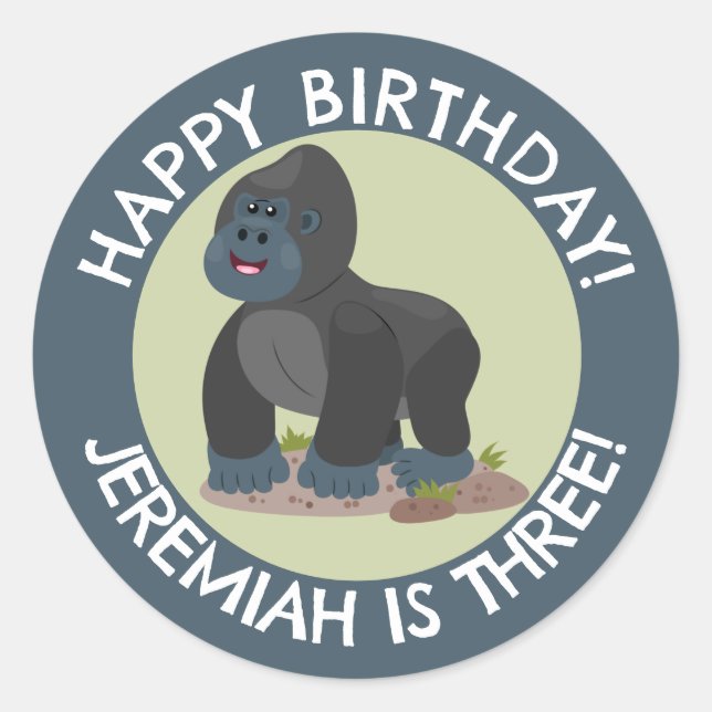 Happy Gorilla personalisierter Cartoon Geburtstag Runder Aufkleber (Vorderseite)