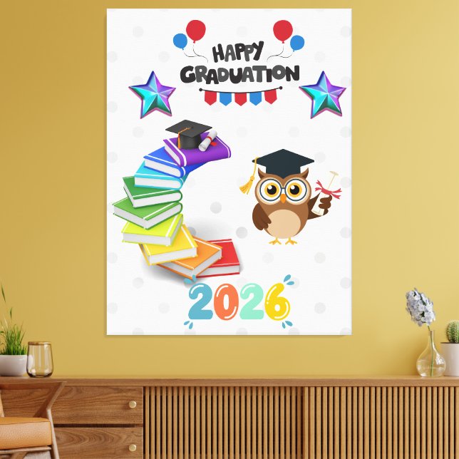 Happy Graduation 2026 - Cute Owl & Books  Leinwanddruck (Insitu (Wohnzimmer))