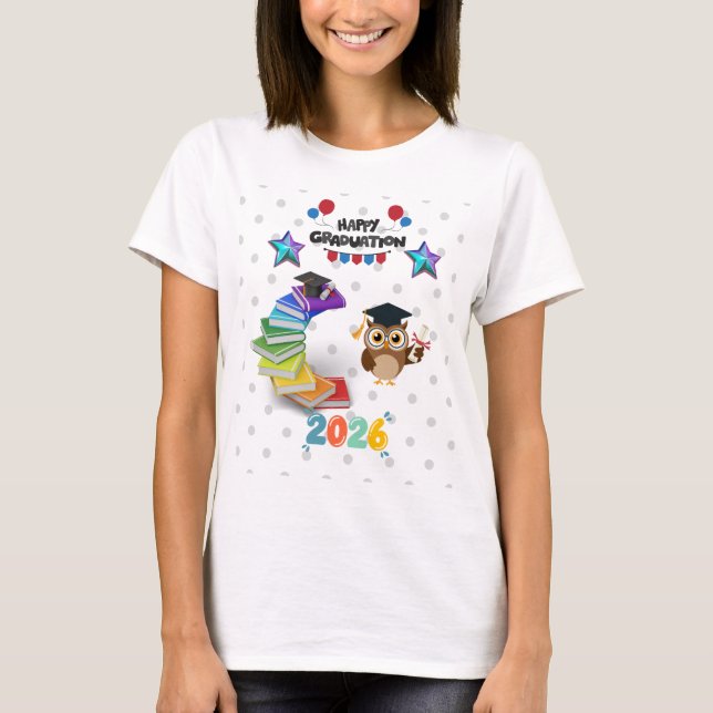 Happy Graduation 2026 - Cute Owl & Books  T-Shirt (Vorderseite)