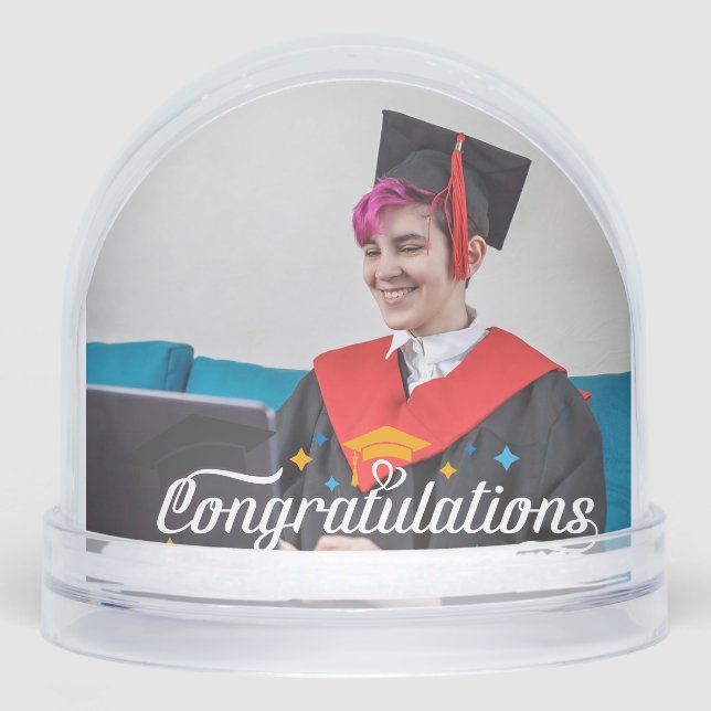 Happy Graduation Modern Script Personalized Photo Schneekugeln (Vorderseite)