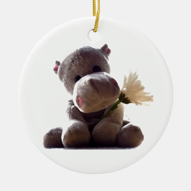 Happy Gray Hippo Holding Daisy, Niedliche Liebe Fo Keramik Ornament (Vorne)