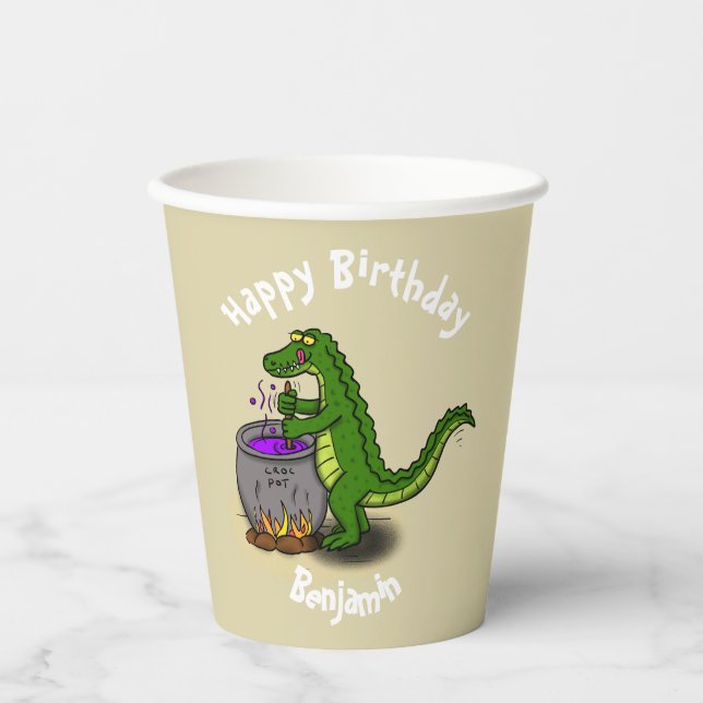 Happy Green Alligator Kochen Cartoon Pappbecher (Vorderseite)