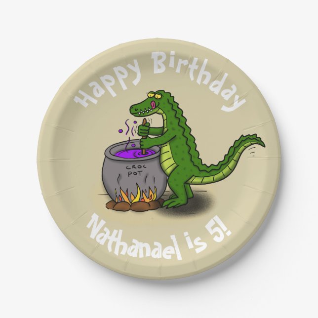 Happy Green Alligator Kochen Cartoon Pappteller (Vorderseite)