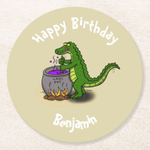Happy Green Alligator Kochen Cartoon Runder Pappuntersetzer