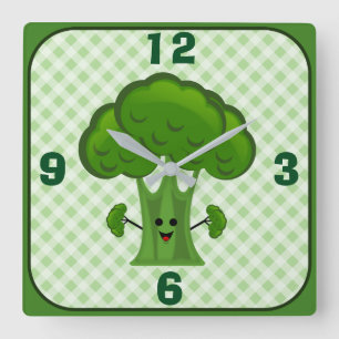 Happy Green Broccoli Quadratische Wanduhr