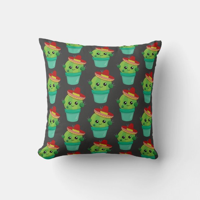 Happy Green Cactus in a Red Sombrero Pattern Kissen (Vorderseite)