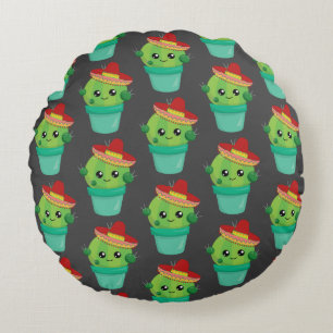 Happy Green Cactus in a Red Sombrero Pattern Rundes Kissen