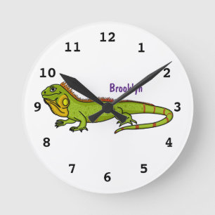 Happy green iguana cartoon illustration runde wanduhr