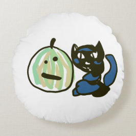 Happy Green Jack o Lantern Black Cat Rundes Kissen