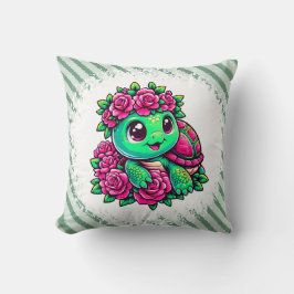 Happy Green Turtle with Pink Roses Kissen