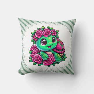 Happy Green Turtle with Pink Roses Kissen