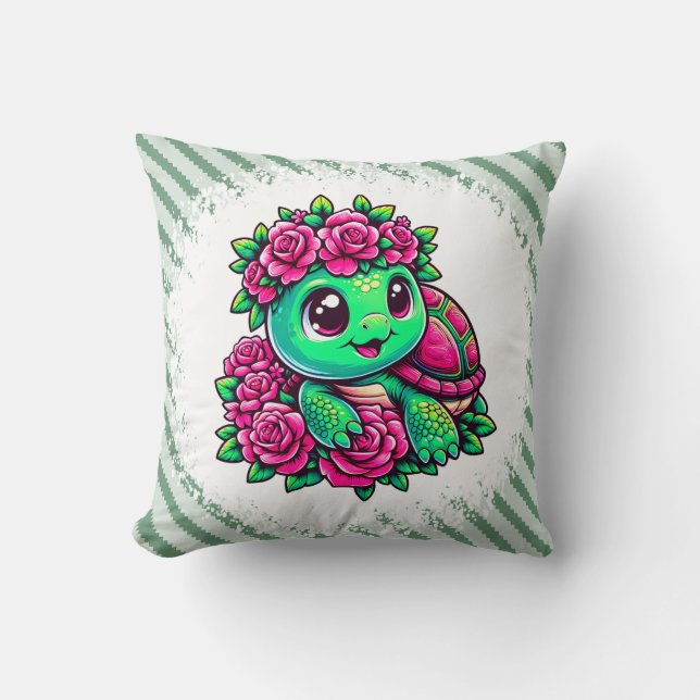 Happy Green Turtle with Pink Roses Kissen (Vorderseite)