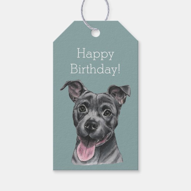 Happy Grey Pit Bull Dog Geburtstag Geschenkanhänger (Vorderseite)