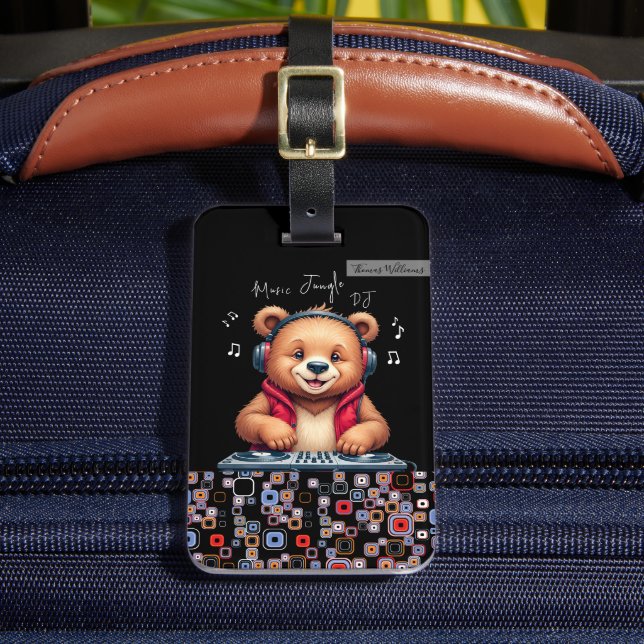 Happy Grizzly Bear, Lächelnder DJ, Music Jungle Gepäckanhänger (Vorderseite Insitu 2)