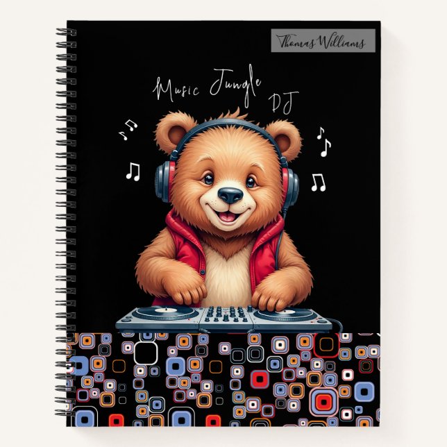 Happy Grizzly Bear, Lächelnder DJ, Music Jungle Notizbuch (Vorderseite)