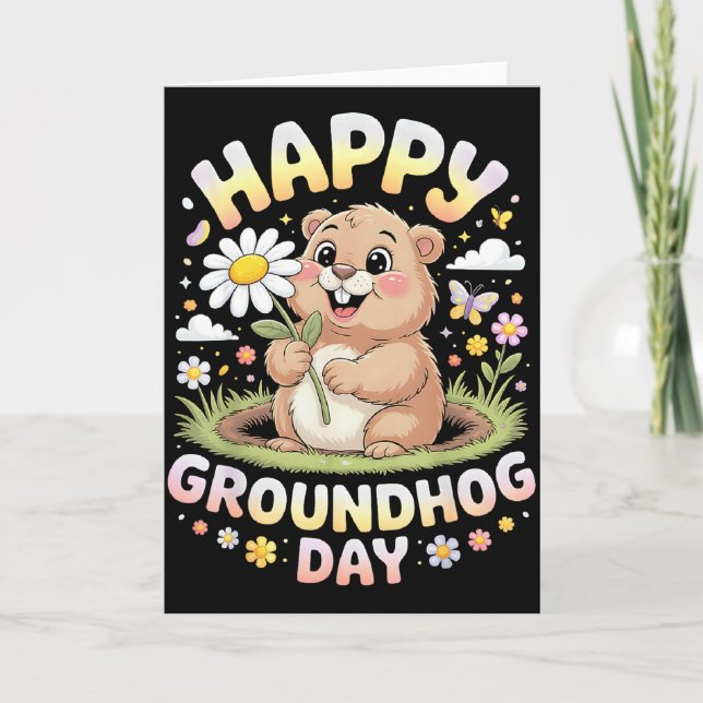 Happy Groundhog Day 2026 Cute Groundhog With Flowe Karte (Vorderseite)