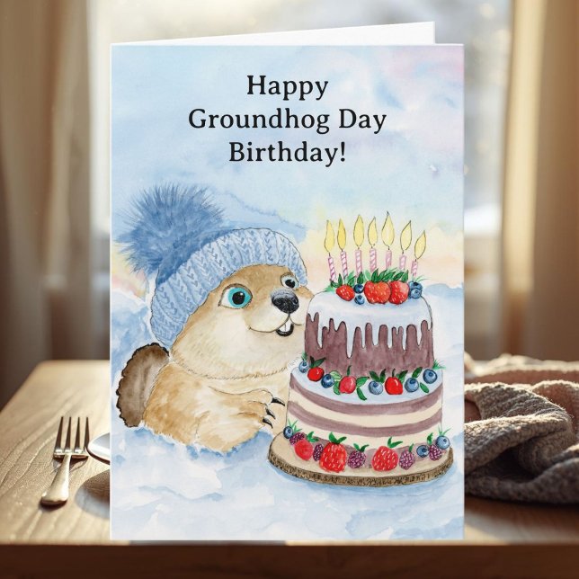 Happy Groundhog Day Birthday Groundhog with Cake Karte (Von Creator hochgeladen)