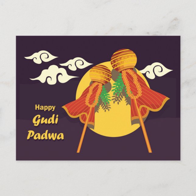 Happy Gudi Padwa, die Gudi aufziehen Einladungspostkarte (Vorderseite)
