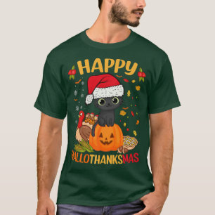 Happy HalloDankeMas Black Cat Weihnachtsmannmütze  T-Shirt