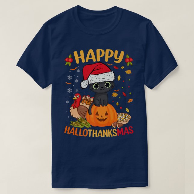 Happy HalloDankeMas Black Cat Weihnachtsmannmütze  T-Shirt (Design vorne)