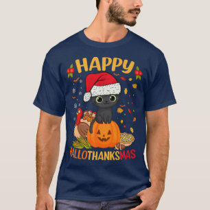 Happy HalloDankeMas Black Cat Weihnachtsmannmütze T-Shirt