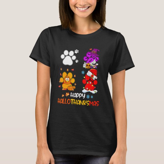 Happy HalloDankeMas Dog Paws Halloween Thanksgivi T-Shirt (Vorderseite)