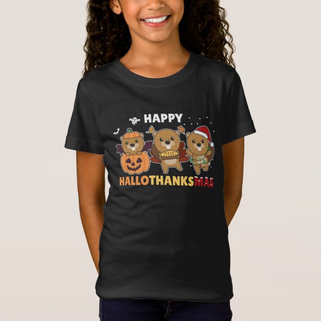 Happy Hallothanksmas Biber Weihnachtsbäume T-Shirt (Vorderseite)