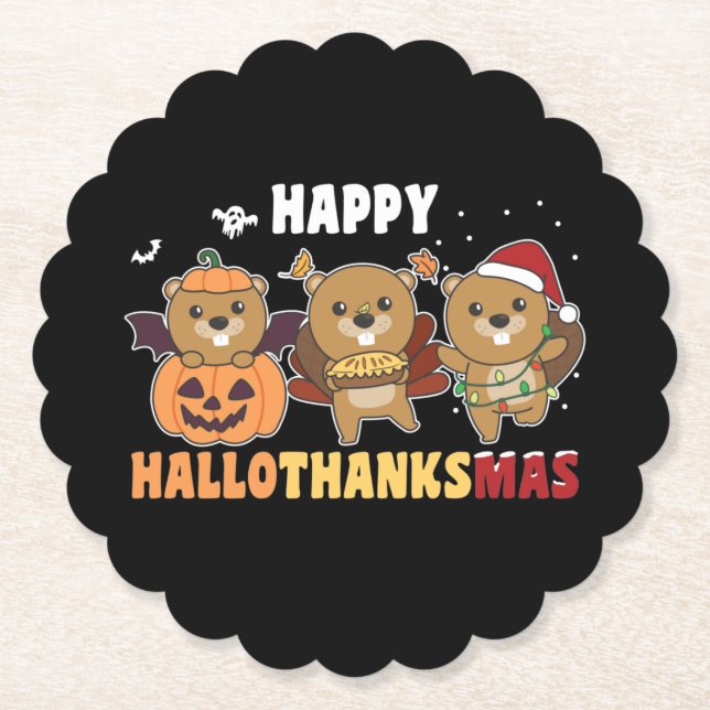 Happy Hallothanksmas Biber Weihnachtsbäume Untersetzer (Vorderseite)