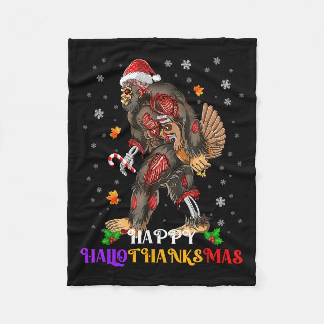 Happy Hallothanksmas Bigfoot Halloween Thanksgivin Fleecedecke (Vorderseite)