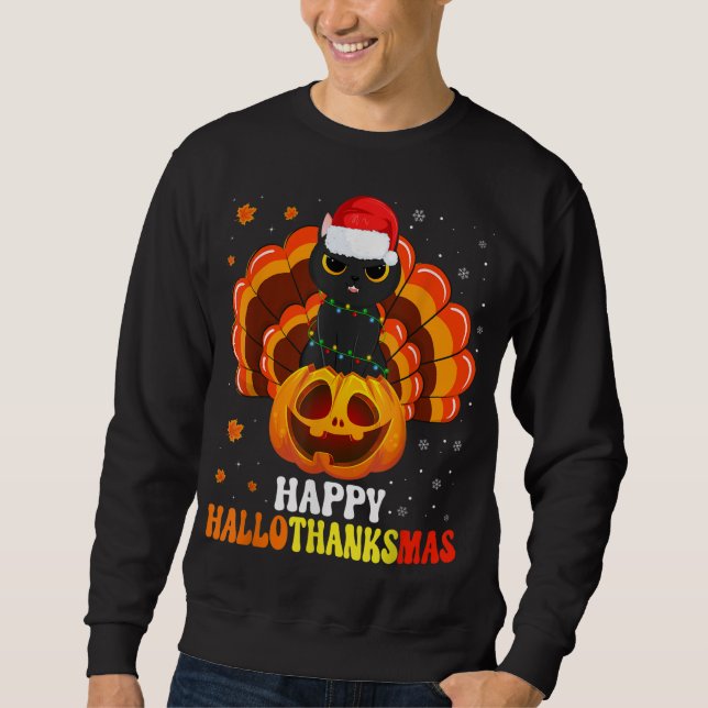Happy Hallothanksmas Black Cat Lover Santa Pumpkin Sweatshirt (Vorderseite)