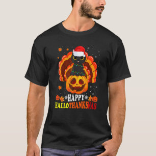 Happy Hallothanksmas Black Cat Santa Pumpkin Turke T-Shirt