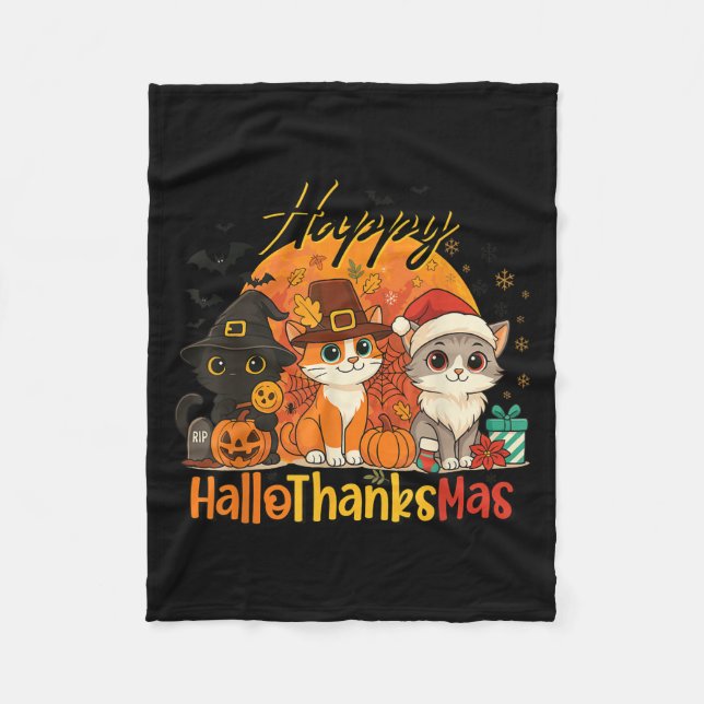 Happy Hallothanksmas Cat Halloween Danke Fleecedecke (Vorderseite)