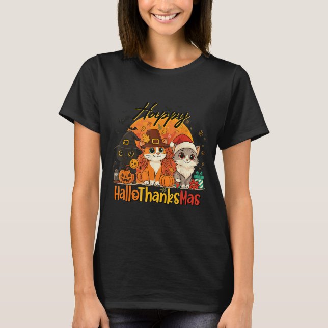 Happy Hallothanksmas Cat Halloween Danke T-Shirt (Vorderseite)