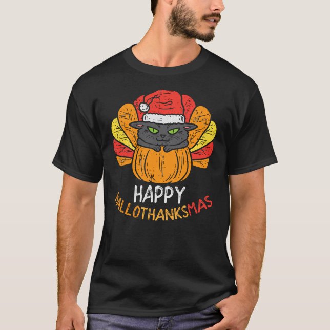 Happy Hallothanksmas Cat Turkey Cat Thanksgiving C T-Shirt (Vorderseite)