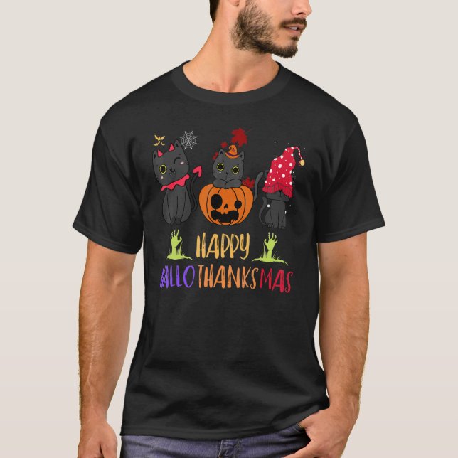 Happy Hallothanksmas Cat Vampire Weihnachtsmannmüt T-Shirt (Vorderseite)