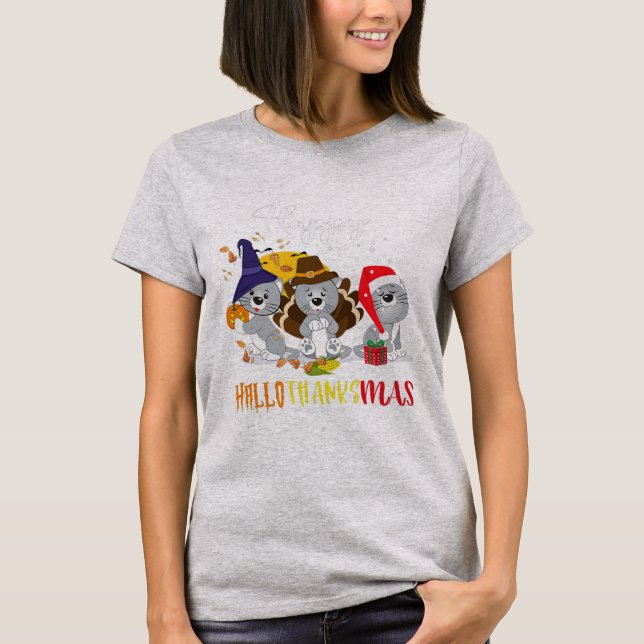 Happy Hallothanksmas cats Halloween Christmas T-Shirt (Vorderseite)
