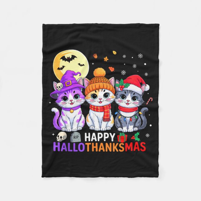 Happy Hallothanksmas Cats Halloween Thanksgiving C Fleecedecke (Vorderseite)