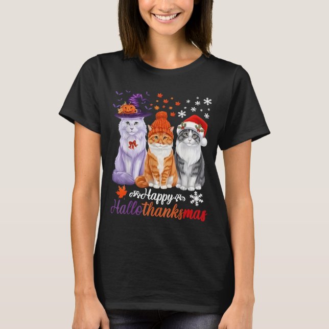 Happy HalloThanksMas Cats Halloween Thanksgiving C T-Shirt (Vorderseite)