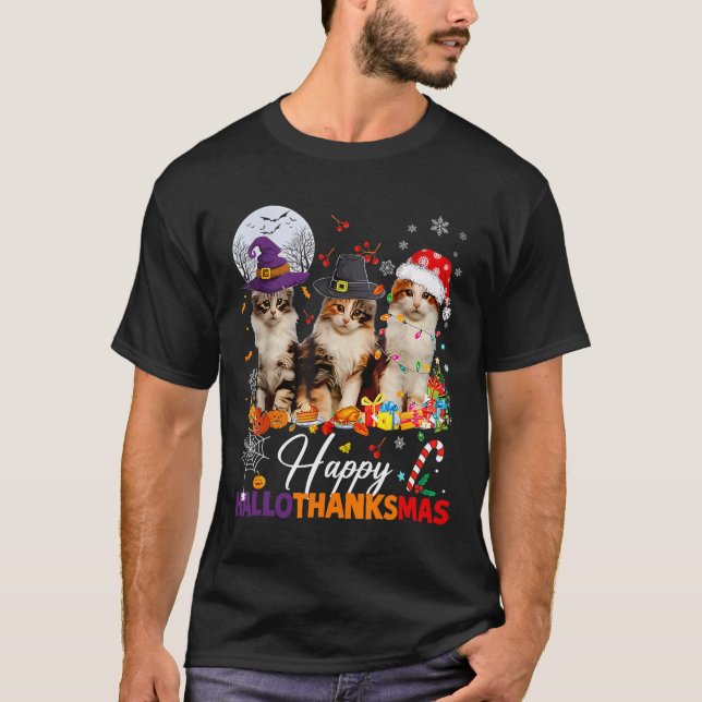 Happy Hallothanksmas Cute Cats Halloween Thanksgiv T-Shirt (Vorderseite)