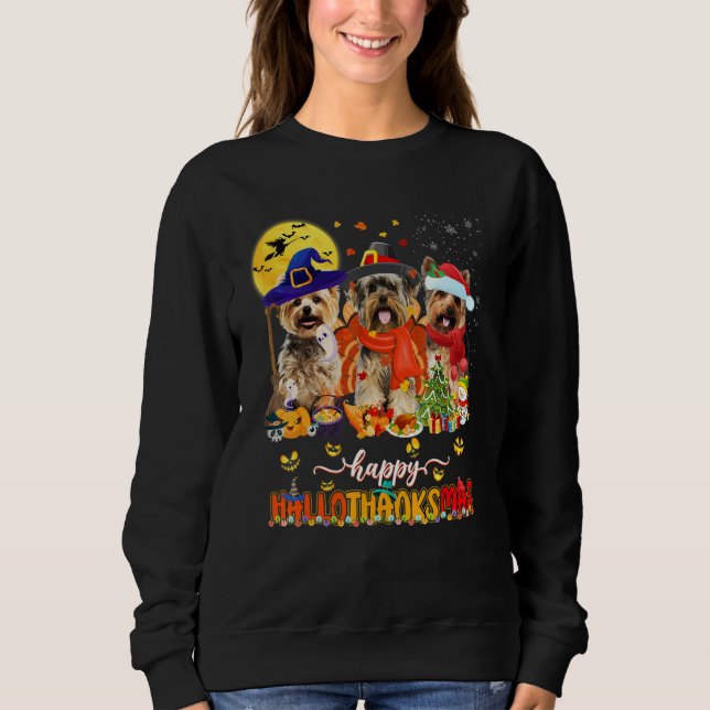 Happy Hallothanksmas Cute Yorkie Wizard Hat Turkey Sweatshirt (Vorderseite)