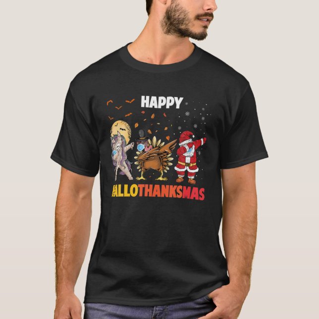 Happy Hallothanksmas Dabbing Unicorn Turkey Santa T-Shirt (Vorderseite)