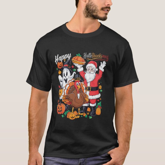 Happy Hallothanksmas Ghost Turkey Pumpkin Christma T-Shirt (Vorderseite)